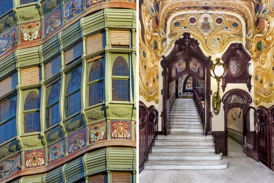 Facade and interior of Casa Comalat, in Barcelona